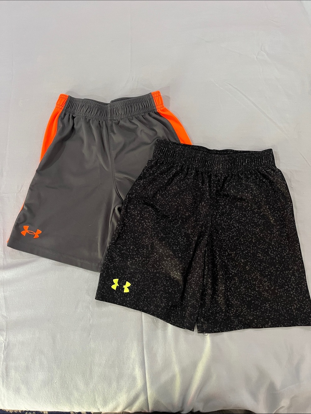Under Armour Kids Two-Pack Athletic Shorts in Gray/Orange and Black/Neon